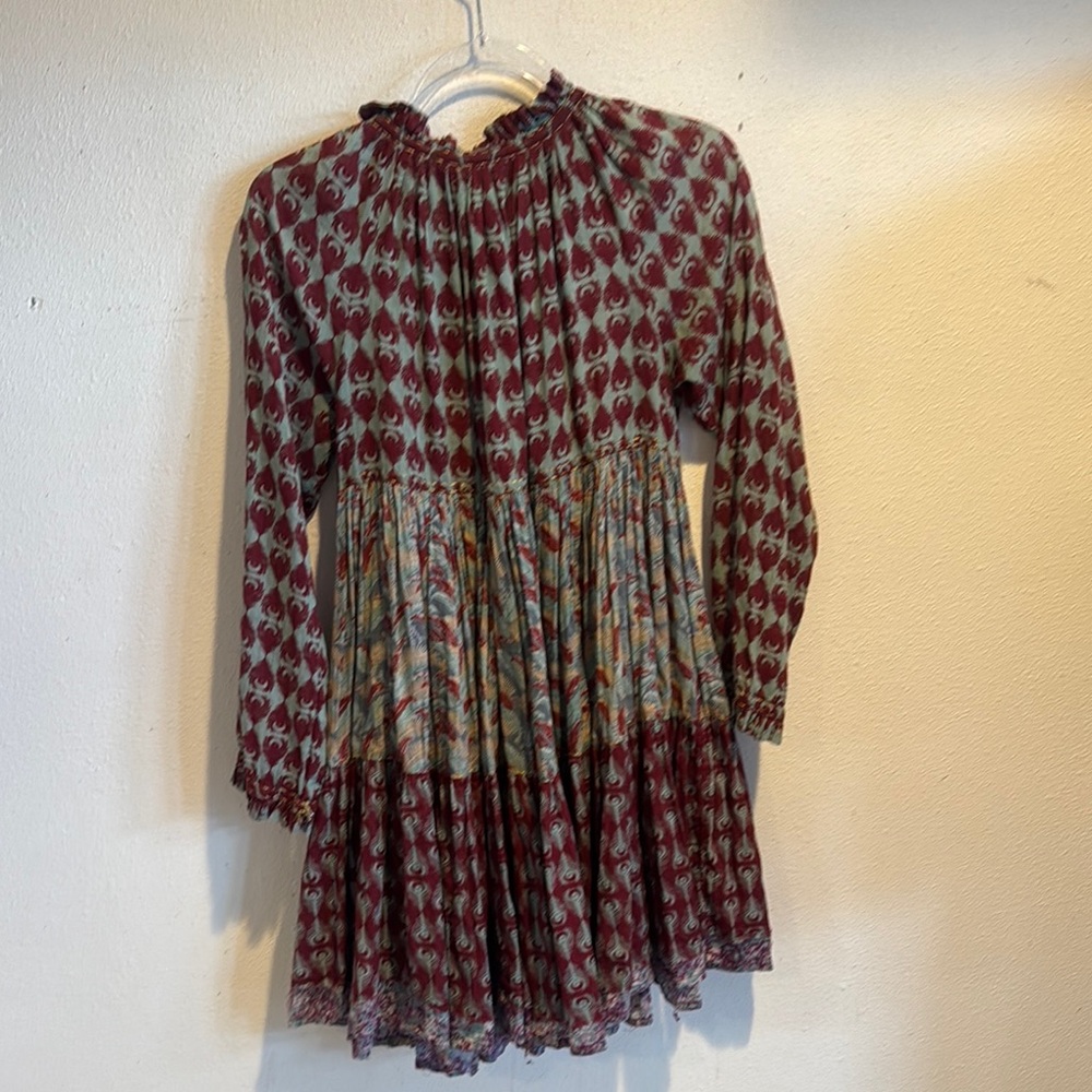 Yvonne S Maroon Blue Feather Print twirling Boho Dress size M - Picture 3 of 3